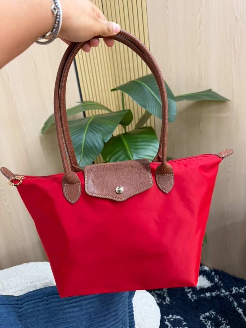Bright Red Nylon Tote Bag with Faux Leather Trim & Zip Closure
